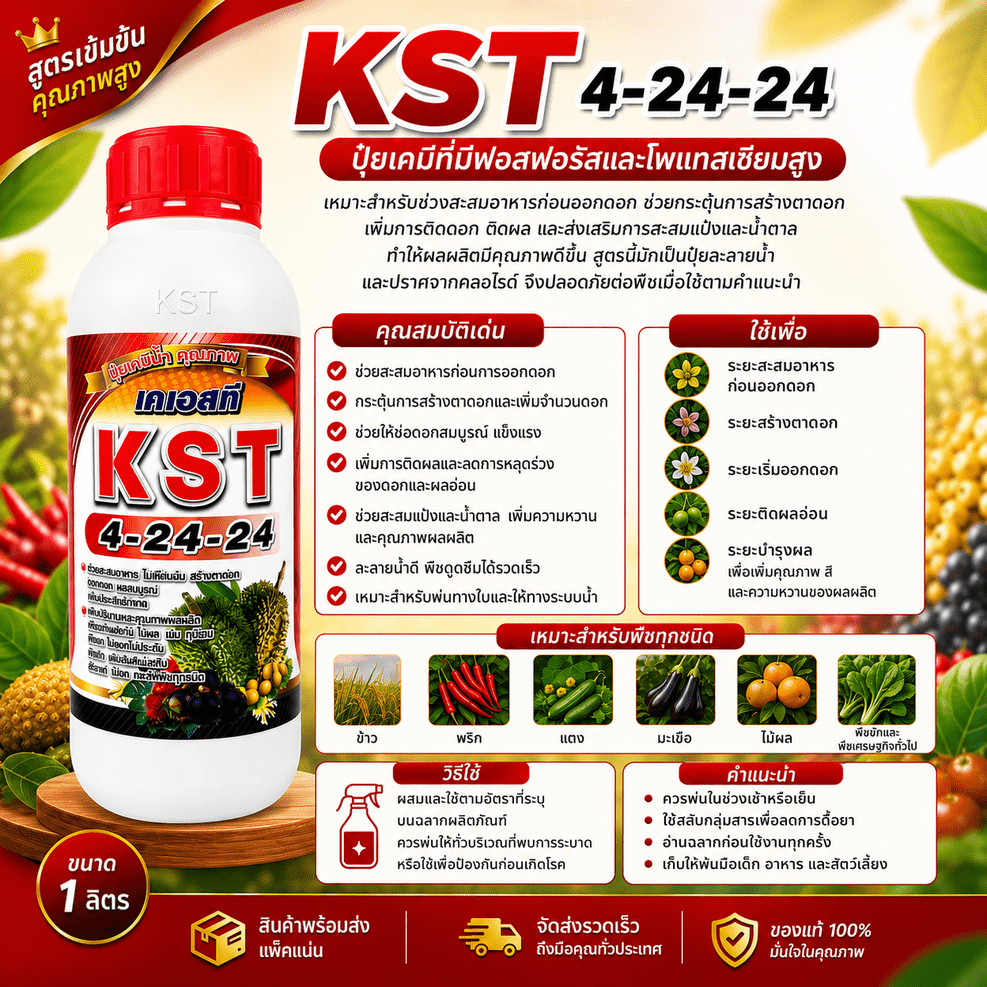 KST 4-24-24 ปุ๋ยน้ำสูตรเร่งดอก สะสมอาหาร ขยายผล ขนาด 1 ลิตร