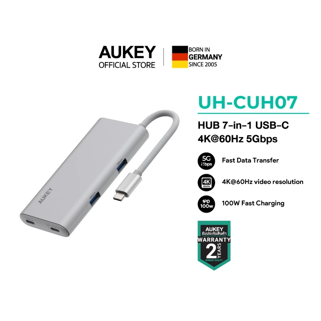 AUKEY UH-CUH07 ฮับ OfficeDok 7-in-1 Lite USB-C Hub รองรับ 4K60Hz USB-C Power Delivery 100W USB 5Gbps, SD/TF Card Reader