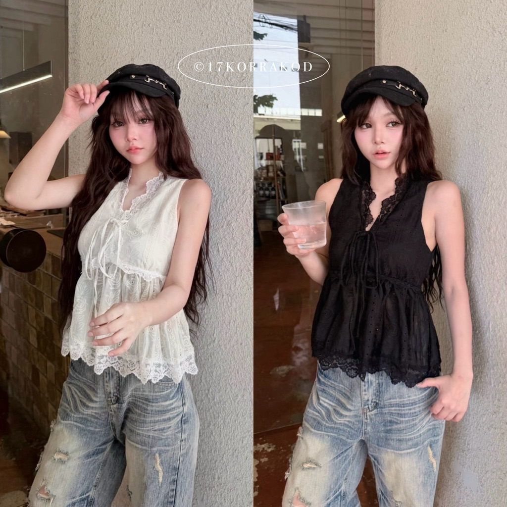 🌻เสื้อแขนกุดคอวีผูกโบว์หน้าแต่งลูกไม้ น่ารักเกาหลี ทรงสวย เข้ารูป (Nusa Style)