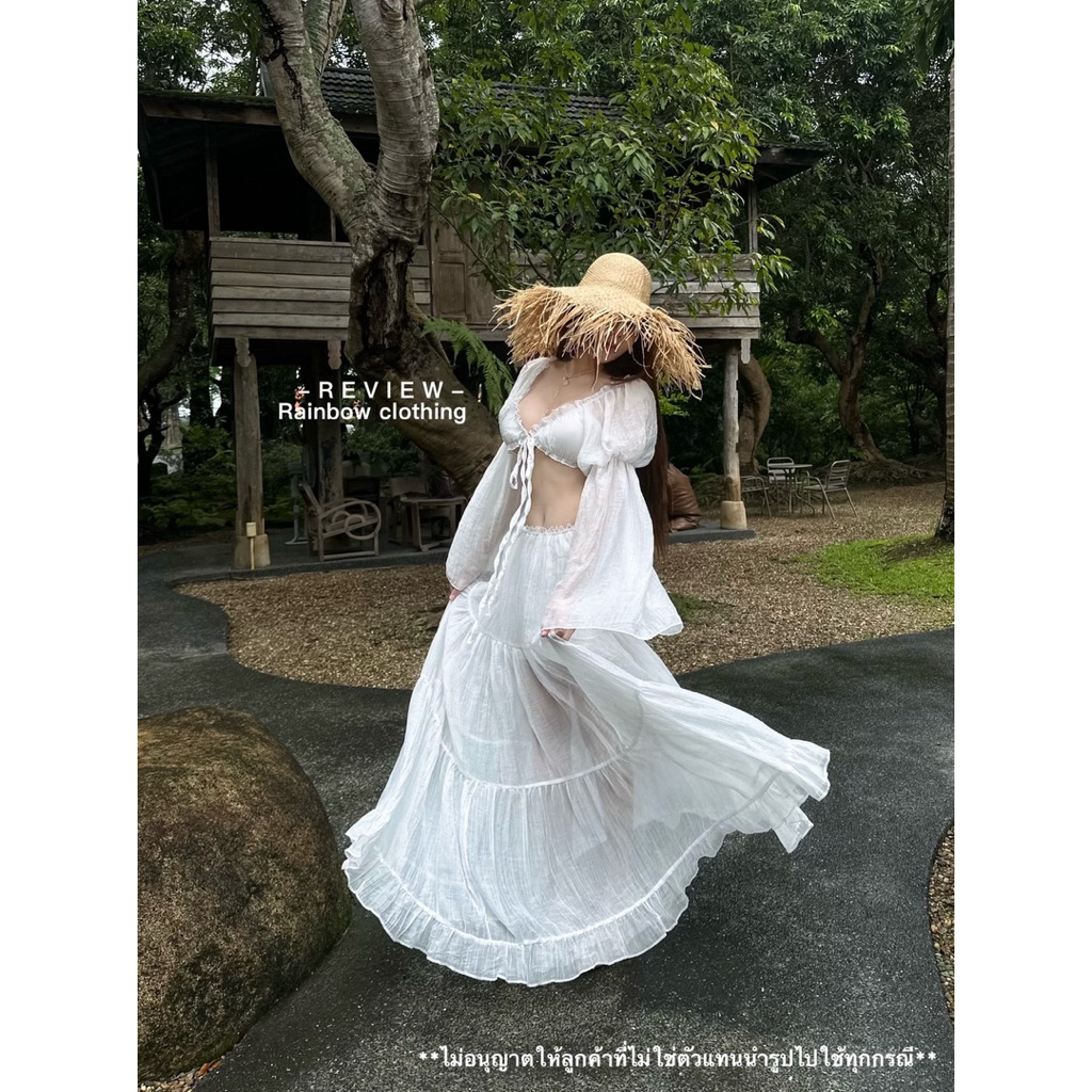 R1D043 เสื้อเปิดไหล่กระโปรงยาว ป้ายเรนโบว์
