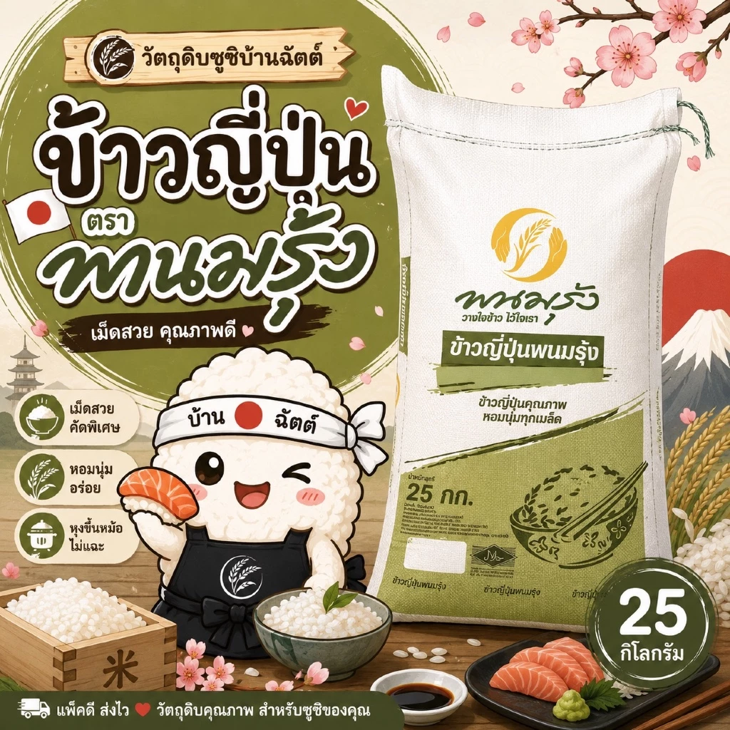 ข้าวญี่ปุ่น ตราพนมรุ้ง น้ำหนัก 25 กิโลกรัม ข้าวซูชิ ข้าวทำอาหารญี่ปุ่น วัตถุดิบซูชิ เม็ดสวย นุ่ม เหนียวกำลังดี