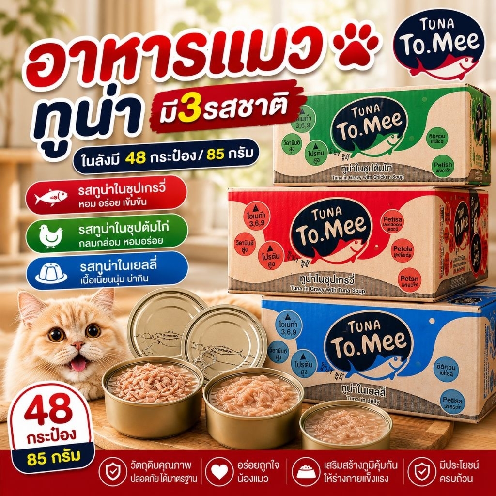 😻To Mee ทูมี อาหารแมว Tuna รสทูน่าขาวในเยลลี่นิ่ม รสทูน่าซุปไก่ รสทูน่าซุปเกรวี่ ไม่เค็ม ไม่เกลือ