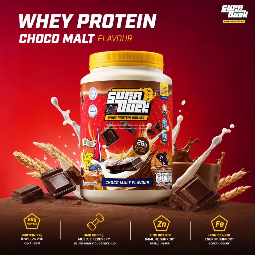 SUPADUCK WHEY PROTEIN ISOLATE : Chocolate Malt Flavor (800g) มี HMB, Zinc, Iron, Postbiotics, MCT Oil