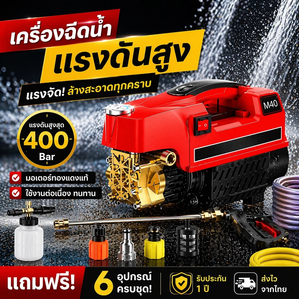 เครื่องฉีดน้ำแรงดันสูง 400 Bar 4000W มีระบบ auto stop เครื่องฉีดน้ำล้างรถ