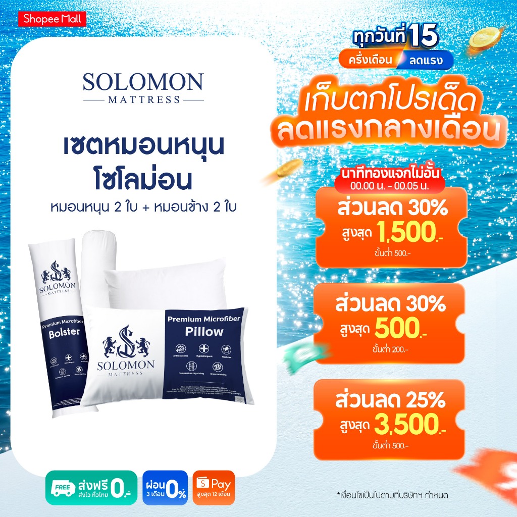Solomon ชุดหมอนหนุน 2 ใบและหมอนข้าง 2 ใบ ผลิตจากใยพรีเมียม นุ่มสบาย ในราคาสุดคุ้ม