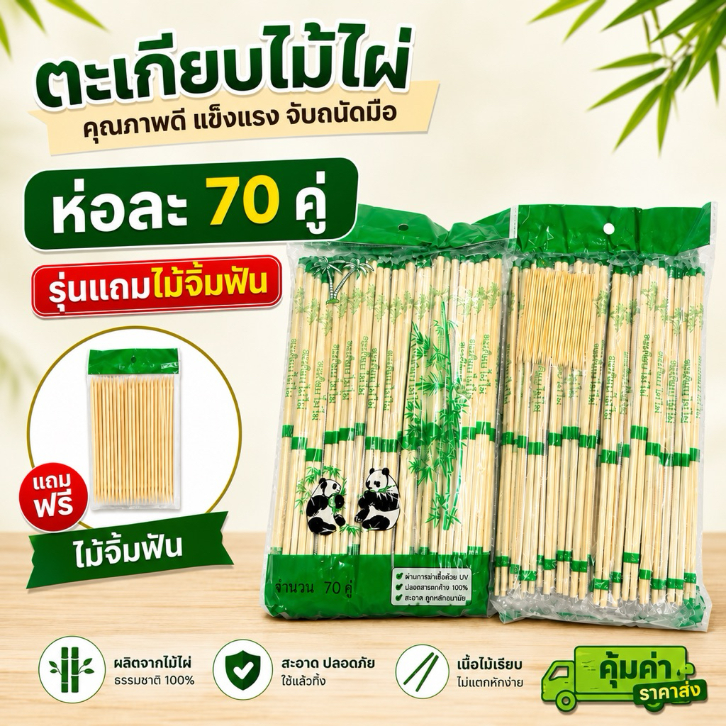 🐼ตะเกียบไม้ไผ่ (70คู่)ยาว 22 cm. แถมไม้จิ้มฟัน‼️ ตะเกียบอนามัย คุณภาพดี สะอาด
