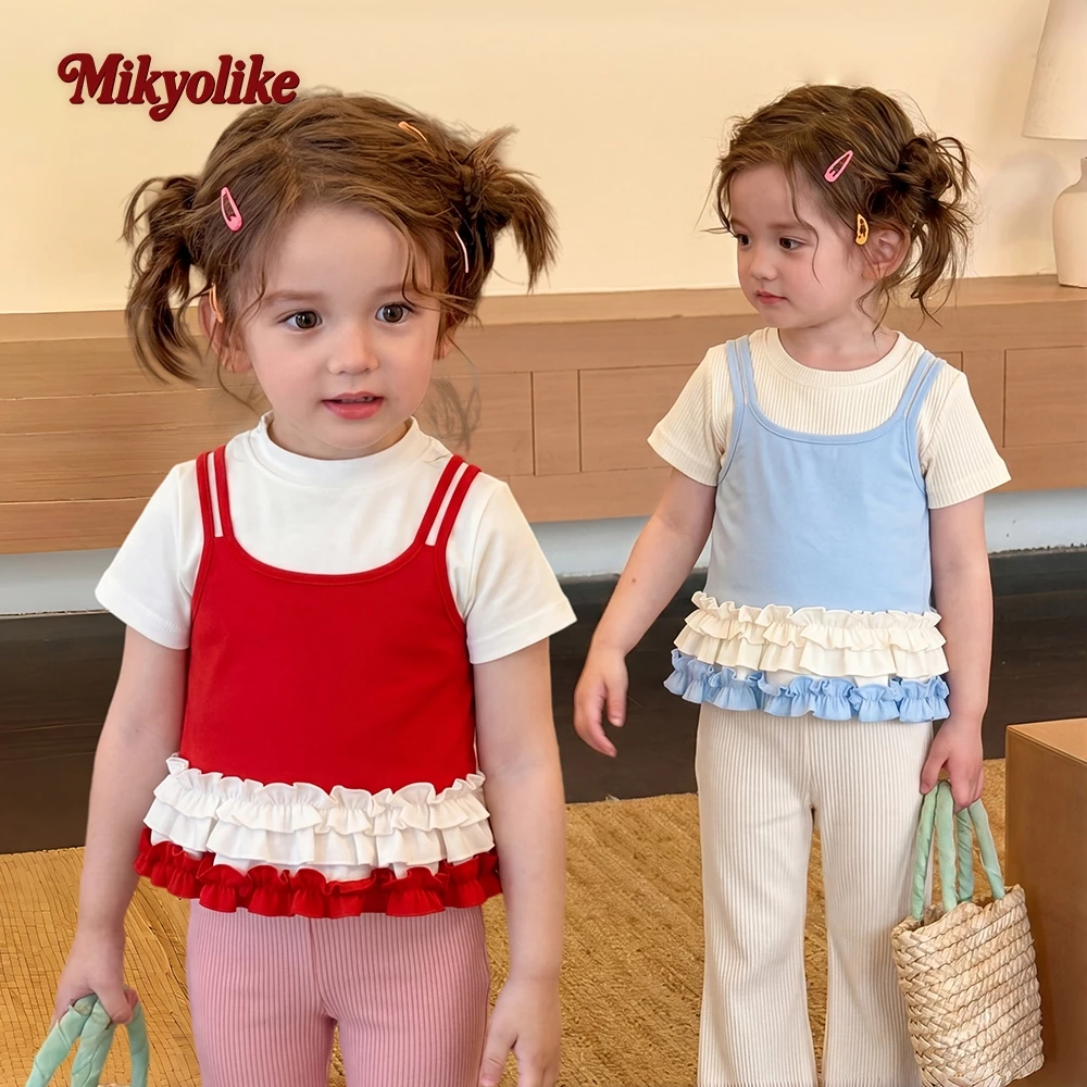 Mikyolike 2-12 ปี สไตล์เกาหลี เสื้อยืดเด็กผู้หญิง มีซับใน แขนสั้น ลูกไม้ระบาย เสื้อยืดคอกลม ผ้าฝ้ายแท้ ผ้าหนุ่ม ใสสบาย