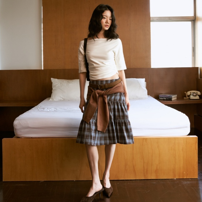 tresmade กระโปรง Plaid Midi Skirt