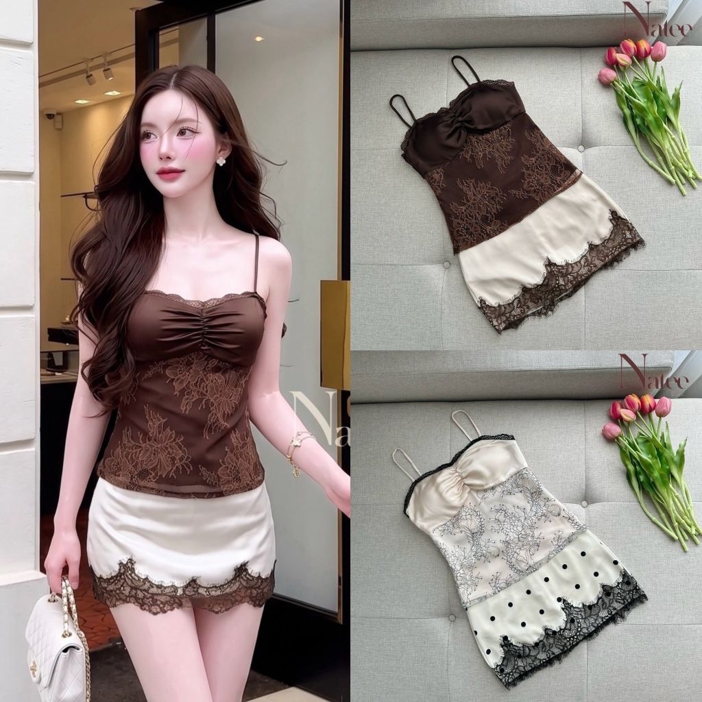 Natee SET (2) ชิ้น เสื้อสายเดี่ยวเส้นเล็ก ให้ลุคที่ดูโปร่งและเพรียว ช่วงหน้าอกดีไซน์เป็นทรงคัพแบบรูดระบาย