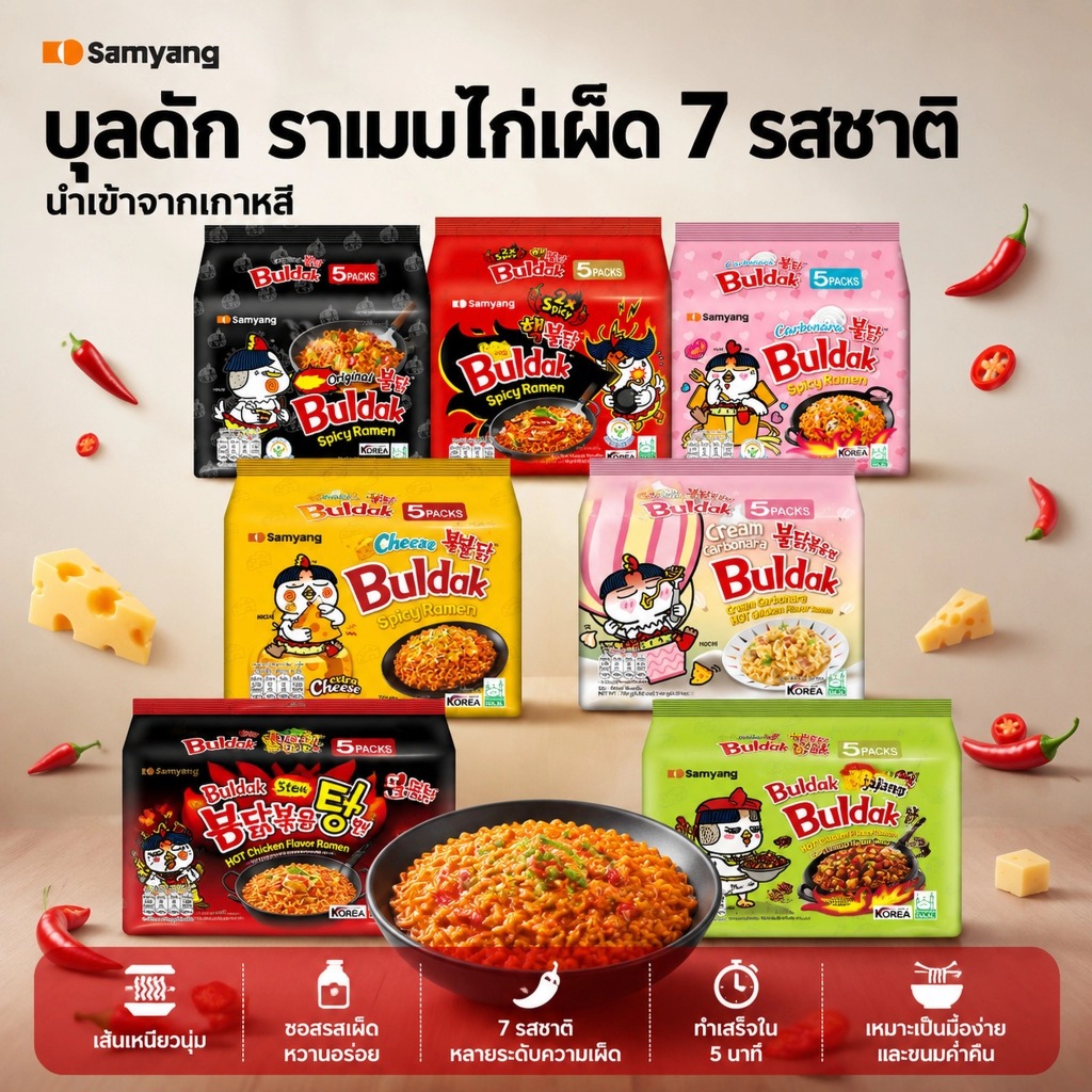 บะหมี่ไก่เผ็ดเกาหลี Samyang Buldak มาม่าเผ็ดนำเข้าแท้ เส้นเหนียวหลายรสชาติ 5 ซอง/แพ็ค