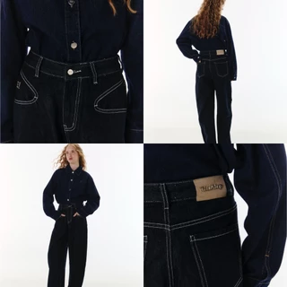 CHUUCHOP - (XS-6XL) Kendall Barrel Jeans กางเกงยีนส์ขายาวทรงบอลลูน ป้ายหนังกลับ(C8417)