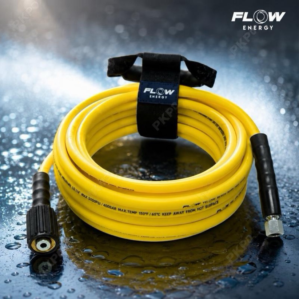 Flow Energy - FYWH สายฉีดน้ำเเรงดันสูงรุ่น Yellow Beach ทนทาน ไม่หักงอ ขนาดข้อต่อเกลียวใน M14 กับ M22 พร้อมที่รัดเก็บสาย