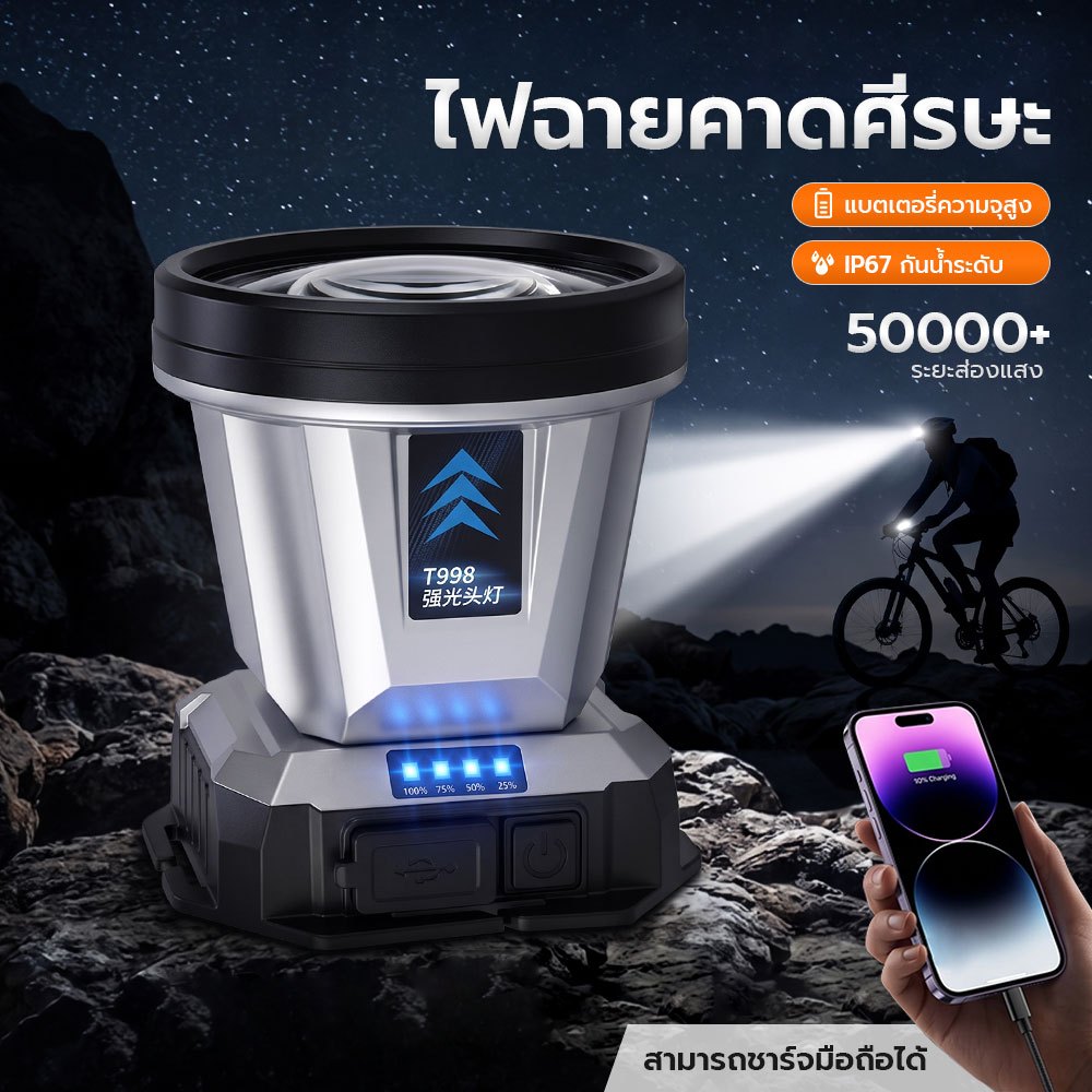 ไฟฉายคาดหัว T998 แท้ สว่างมาก ส่องระยะ 5KM แบตอึด 72 ชม. ลุยฝนได้ ชาร์จไฟ type-c ตกปลา ส่องกบ กรีดยาง