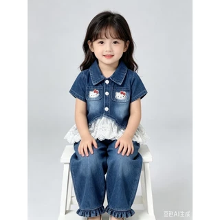 BB357 ชุดเดนิมสีฟ้าเด็กผู้หญิง เสื้อสั้นแขนลูกไม้+กางเกงขากว้าง ชุดของขวัญวันแม่ สำหรับเด็กเล็ก-โต ผ้านุ่มใส่สบายฺฺ