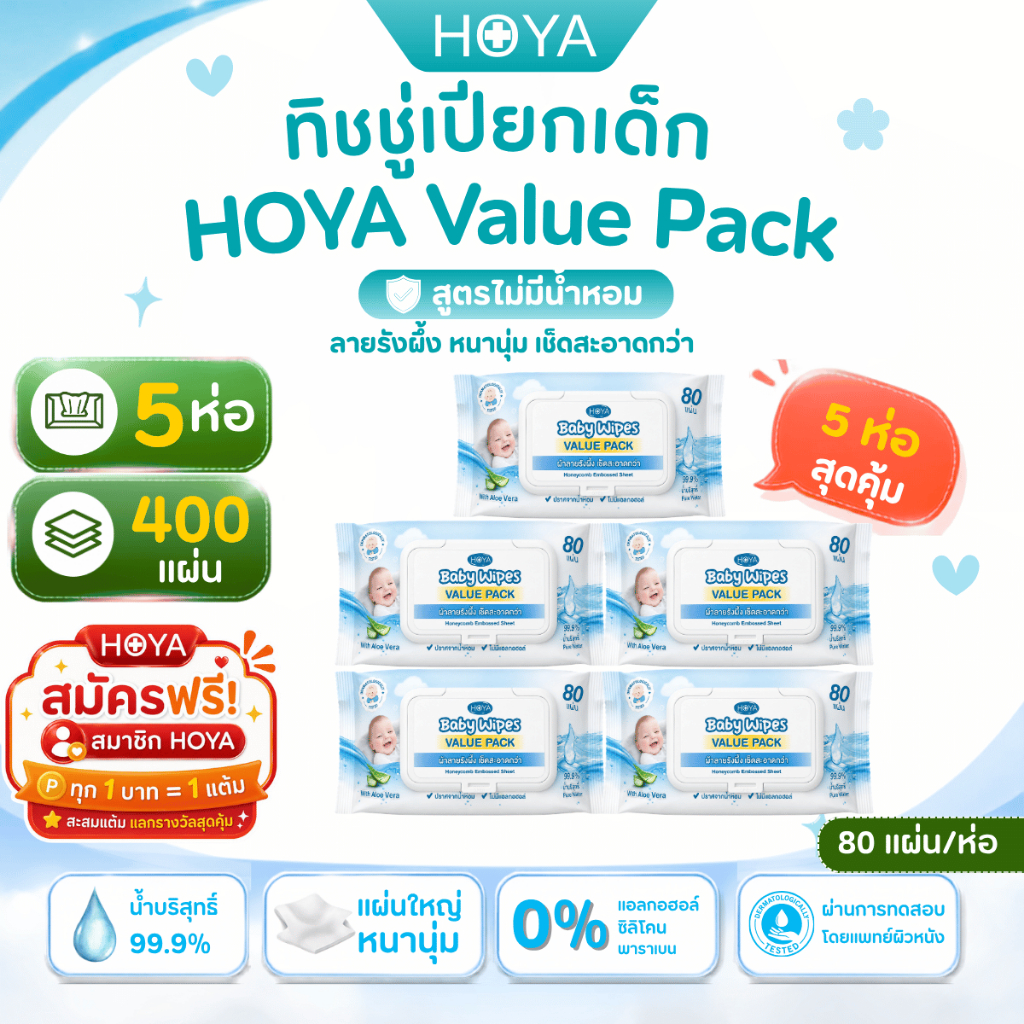 (ราคาส่ง)HOYA Baby Wipes Value Pack 5 ห่อ (400 แผ่น) ทิชชู่เปียกเด็ก สูตรน้ำบริสุทธิ์ 99.9% ไม่มีแอลกอฮอล์ ไม่มีน้ำหอม