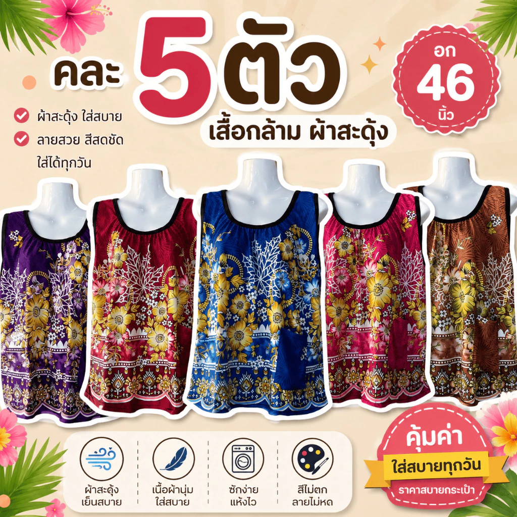 เสื้อคอกระเช้าผ้าสะดุ้ง 5ตัว200.- ผ้าเด้ง ผ้าเกาหลี อกยืดได้ถึง 48 เหมาะสำหรับคนอก 46