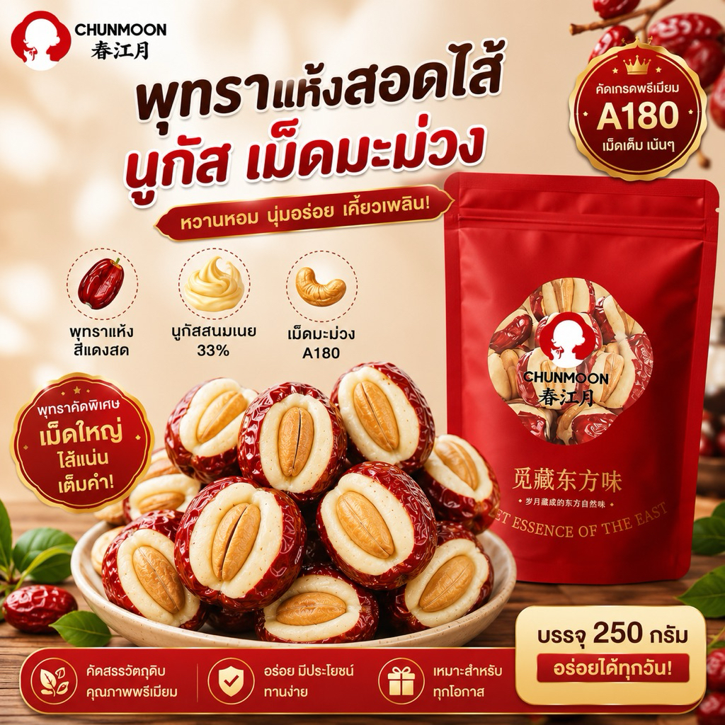 พุทราสอดไส้นูกัสเม็ดมะม่วง พุทรานมชีสเจ้าดัง ตรา Chunmoon 258g พุทราจีนอบแห้ง ไส้นมชีส หอมมัน เคี้ยวหนึบ