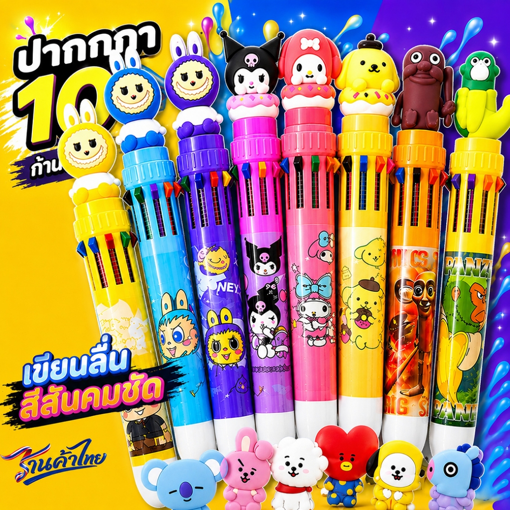 ขายส่ง ปากกาลูกลื่นหลากสี ลายการ์ตูนน่ารัก หมึกหลากสี เครื่องเขียน ปากกาลูกลื่น ปากกา10สี