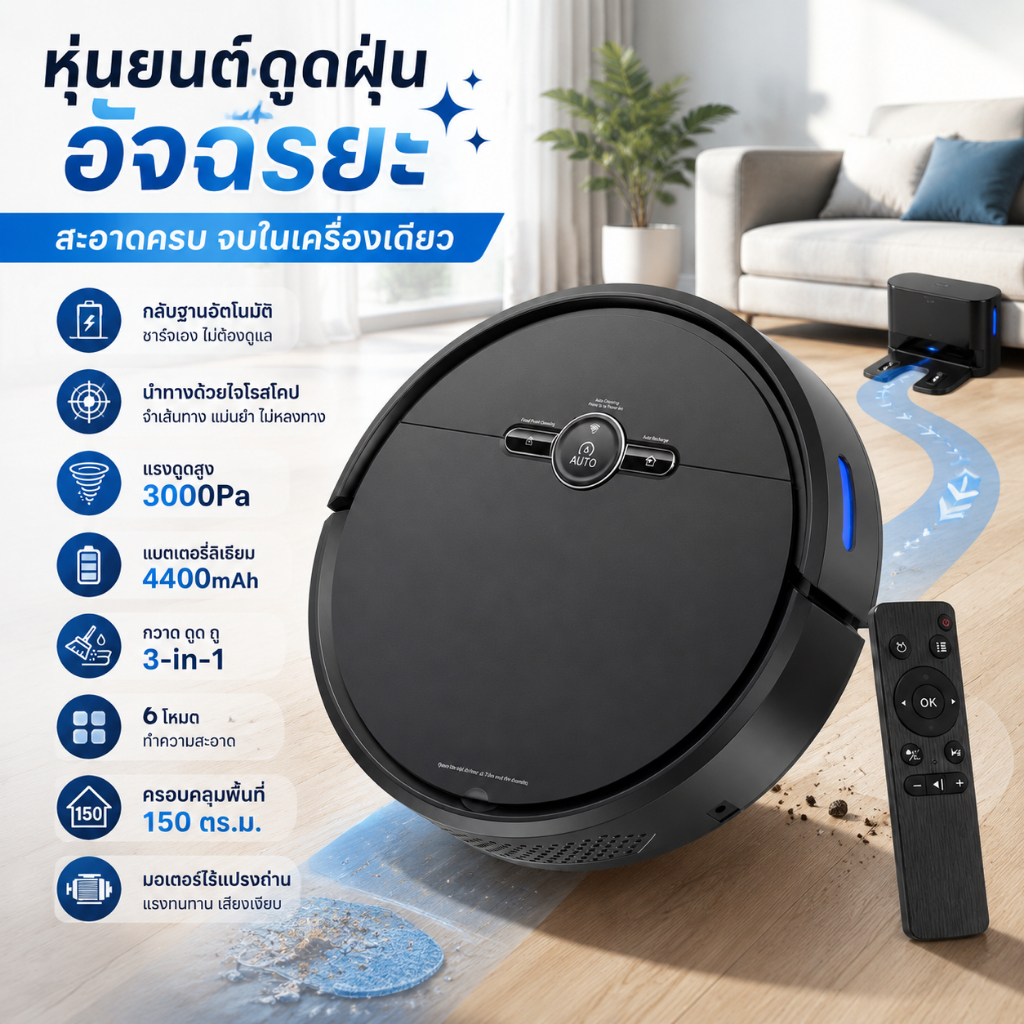 เครื่องดูดฝุ่นที่มีไจโรสโคป Robot Vacuum Cleaner หุ่นยนต์ดูดฝุ่น การถูพื้น ระบบเก็บขยะอัตโนมัติ3000pa APP WIFI