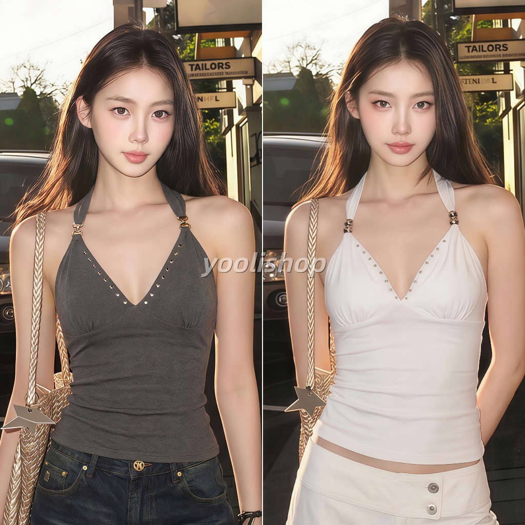 เสื้อแฟชั่นผู้หญิง คล้องคอ ผ้านุ่มยืด คอวีลึก แต่งหมุด ครอปทรงรัดรูป ลุคสตรีทแฟชั่น Y2K’ 2346