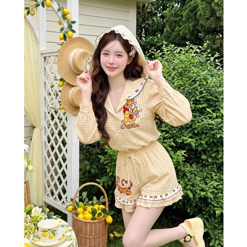 (มี3XL) สีเหลือง Yellow Pooh Set เซ็ต 2 ชิ้น ผ้าคอตตอนลายสก็อต เสื้อกระดุมหน้ามีฮู้ดแขนยาว + กางเกงขาสั้นเอวสม็อค