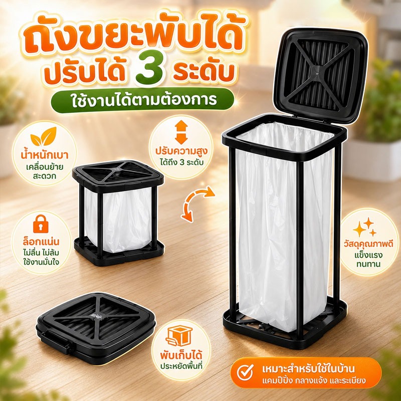ถังขยะพับได้ ถังขยะแขวน ปรับความสูงได้ สามระดับ แขวนถุงขยะได้ ถังขยะตั้งแคมป์ ใช้ในบ้าน กลางแจ้ง