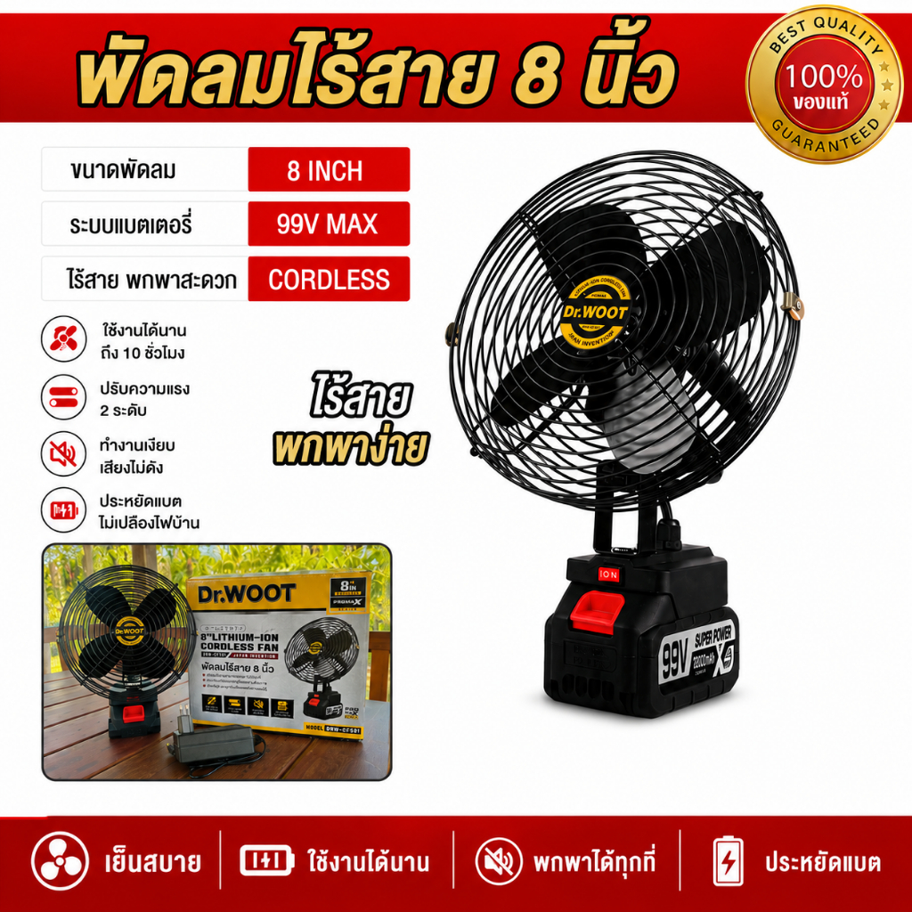 DR.WOOT พัดลมไร้สาย 8นิ้ว พัดลมแบตเตอรี่ ปรับความแรงได้ แถมแบต ใช้งานได้นาน พกพาได้