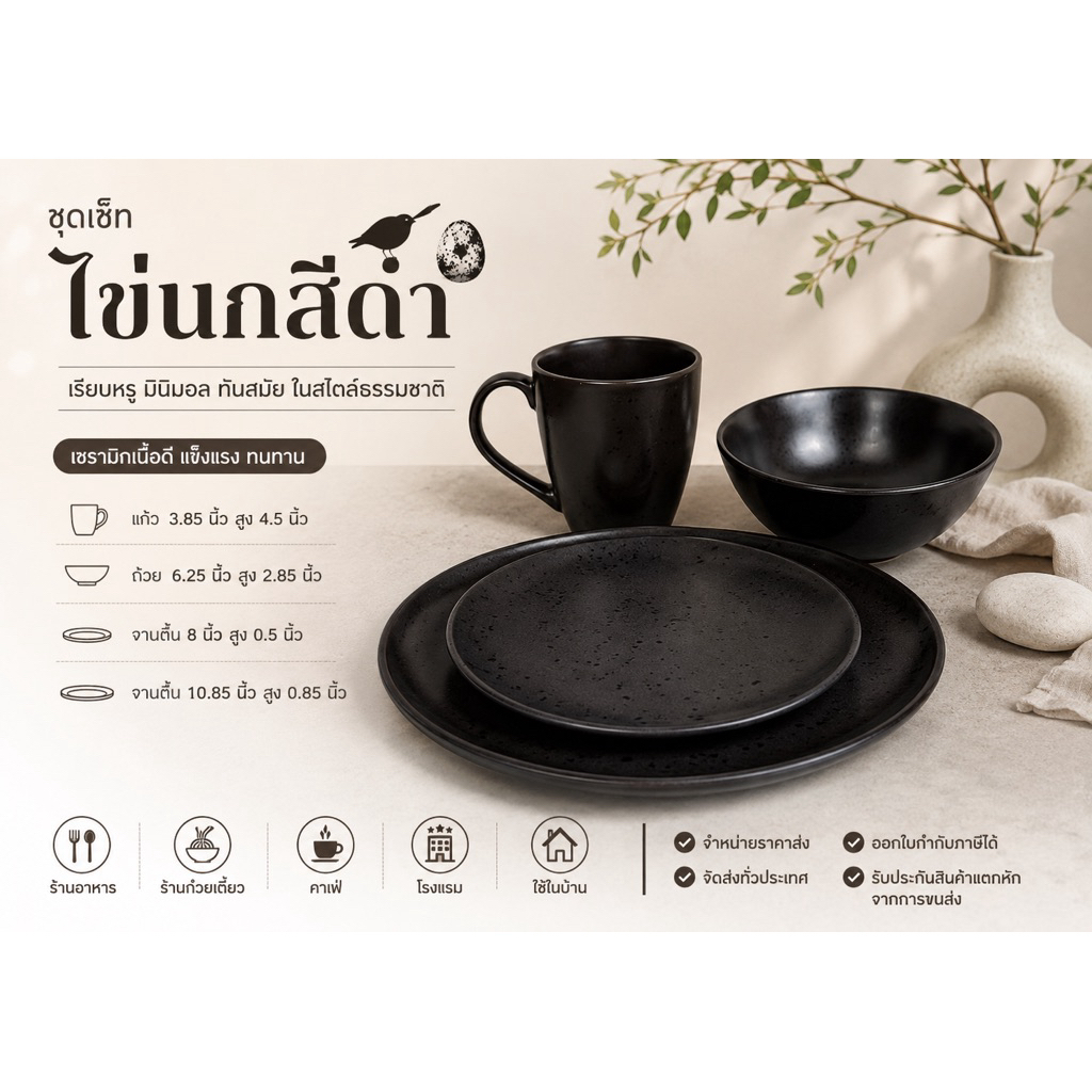 ชุดเซ็ตไข่นกสีดำ ลินิน OR ลายวนขาว หินอ่อนสีขาว ชุดเซ็ตเซรามิคทนทานต่อความร้อนสามารถใช้ได้กับไมโครเวฟและเครื่องล้างจาน
