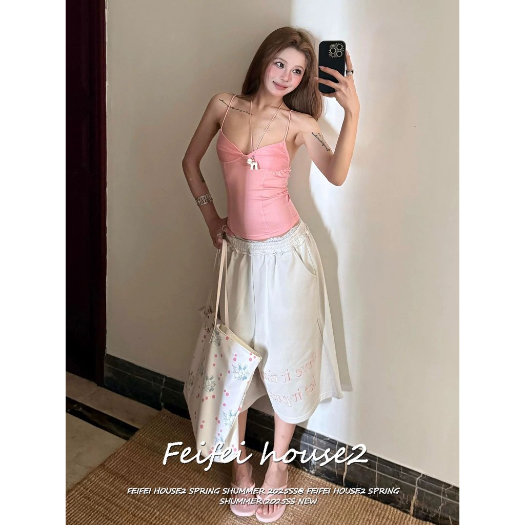 [Feifei-Letter print capri pants]กางเกง7ส่วนลำลองทรงหลวมผู้หญิงสไตล์ฮิปฮอปลายพิมพ์ตัวอักษรมีระบายขอบ