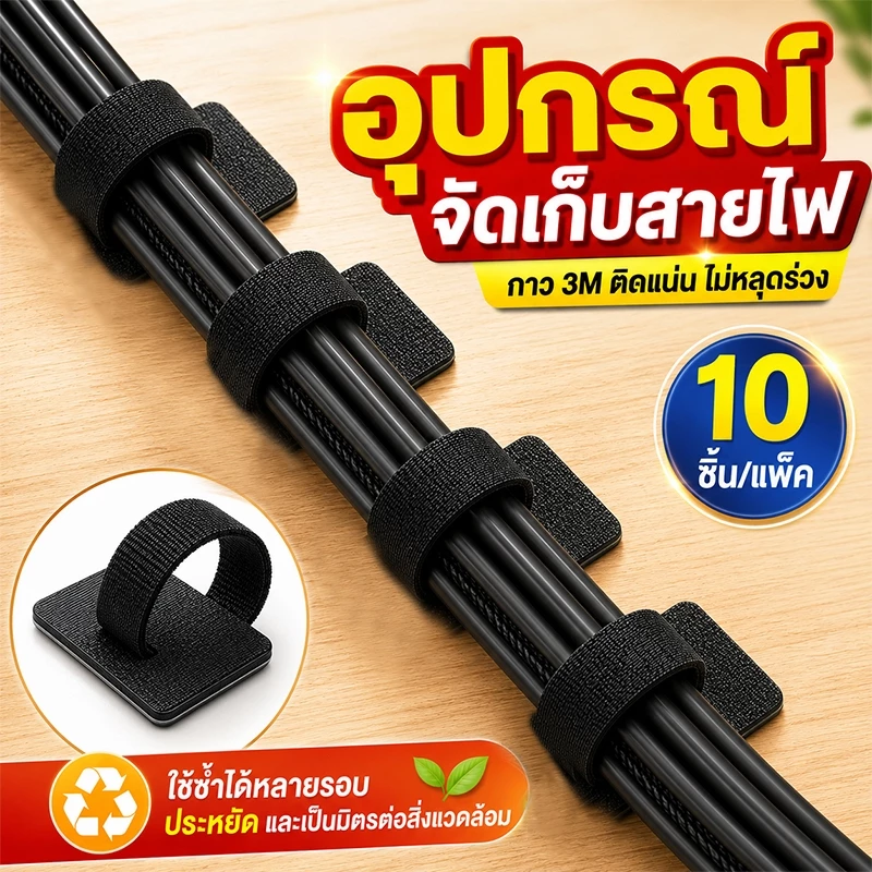 สายรัดสายไฟ ตีนตุ๊กแก สายนำมาใช้ใหม่สายรัดสายผูก มีกาว 3M รับน้ำหนักได้ดี สำหรับจัดระเบียบสายไฟ แก้ปัญหาสายไฟรก