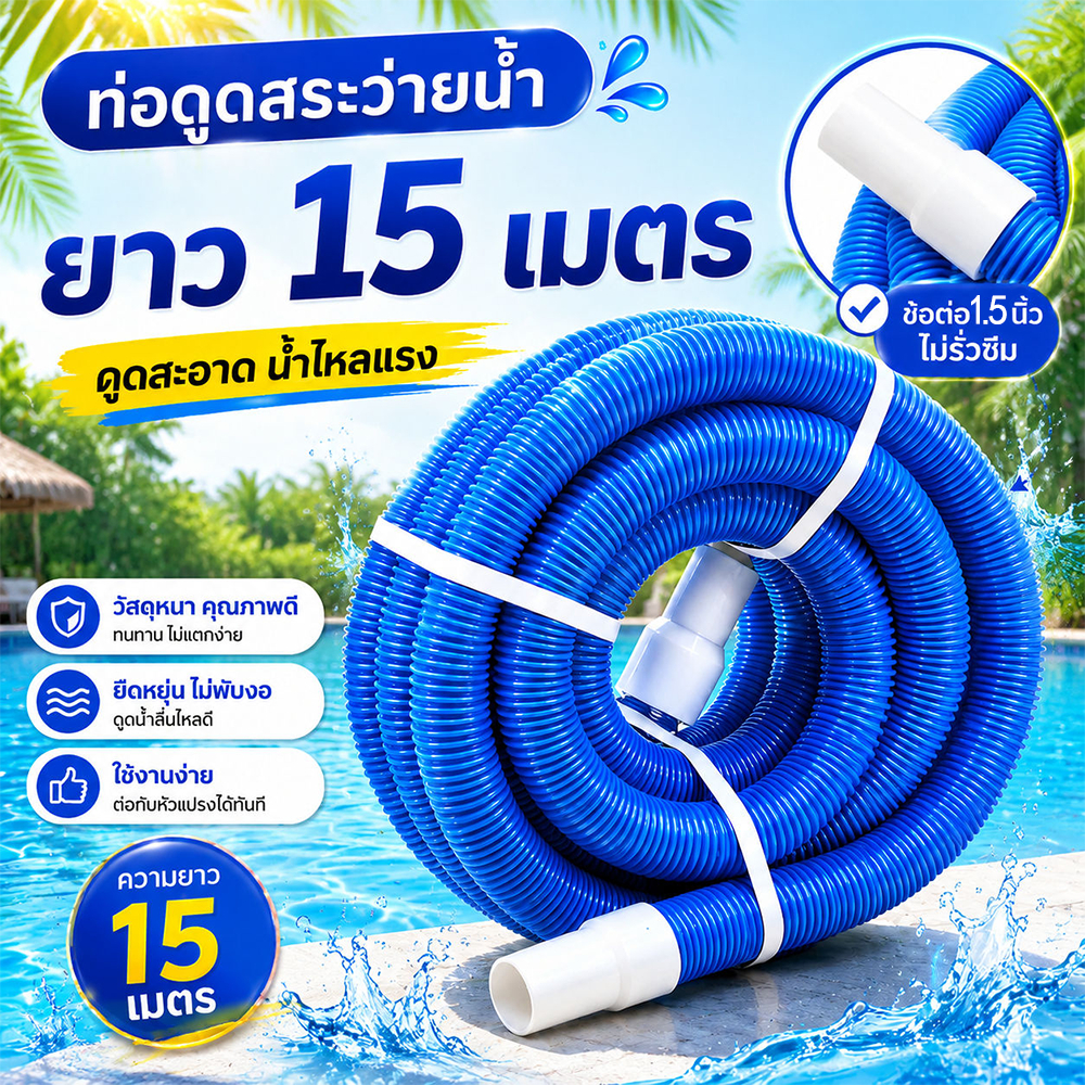 ท่อดูดสระว่ายน้ำ ท่อดูด PE ยาว 15เมตร ดูดทราย ใบไม้ ตะกอน หิน ทำความสะอาดสระ แข็งแรง