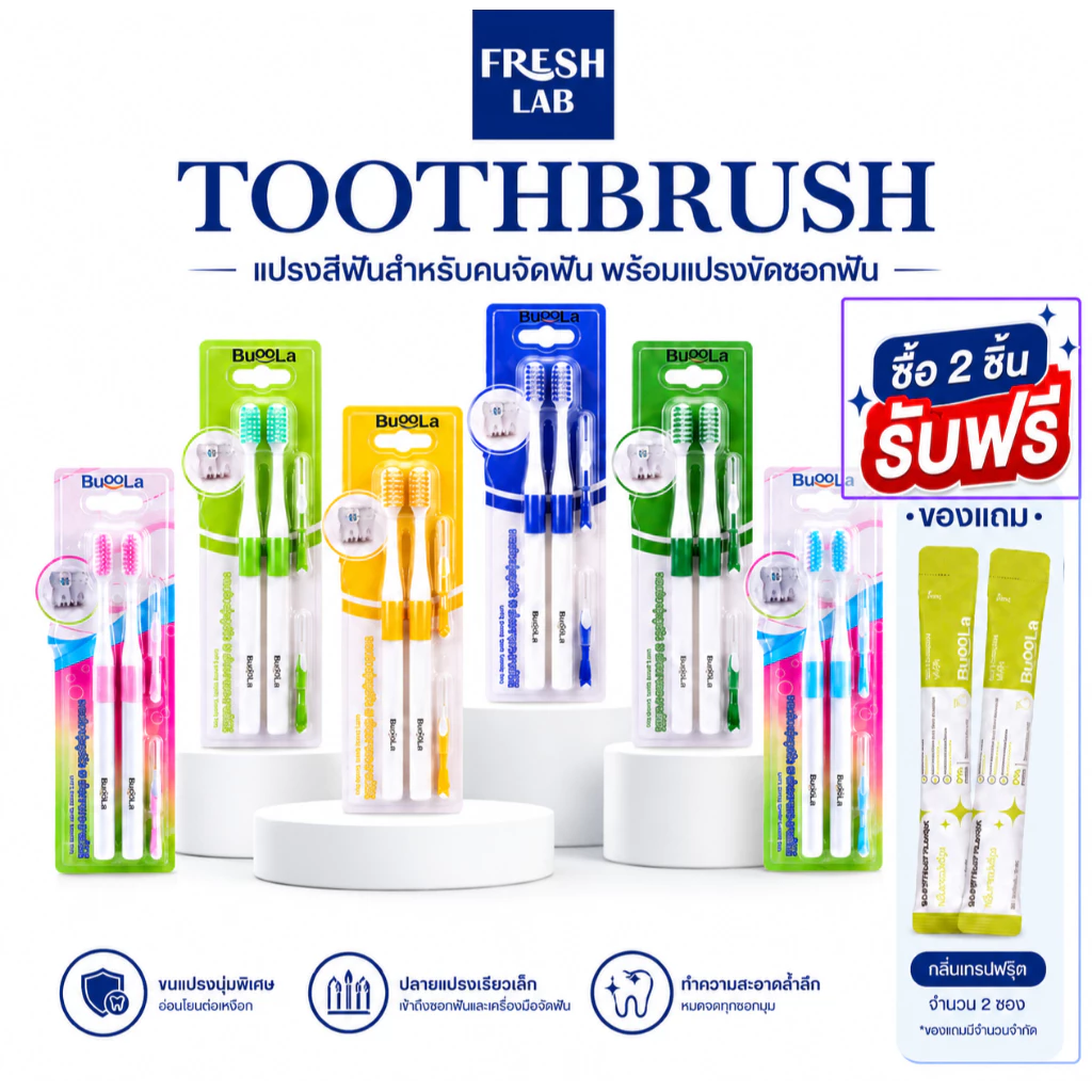 BUOOLA แปรงสีฟัน (สำหรับคนจัดฟัน) พร้อมแปรงขัดซอกฟัน 1แพ็ค 4 ชิ้น ขนแปรงนุ่ม สองชั้น ปากสะอาด แถมฟรี น้ำยาบ้วนปากแบบซอง