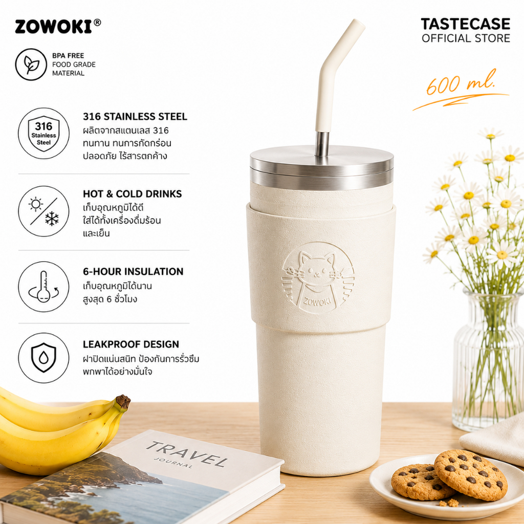 Zowoki Q6B-600 กระบอกน้ำรักษาอุณหภูมิ แก้วเก็บความเย็น-ร้อน เกรดพรีเมี่ยม ความจุ 600 ml.