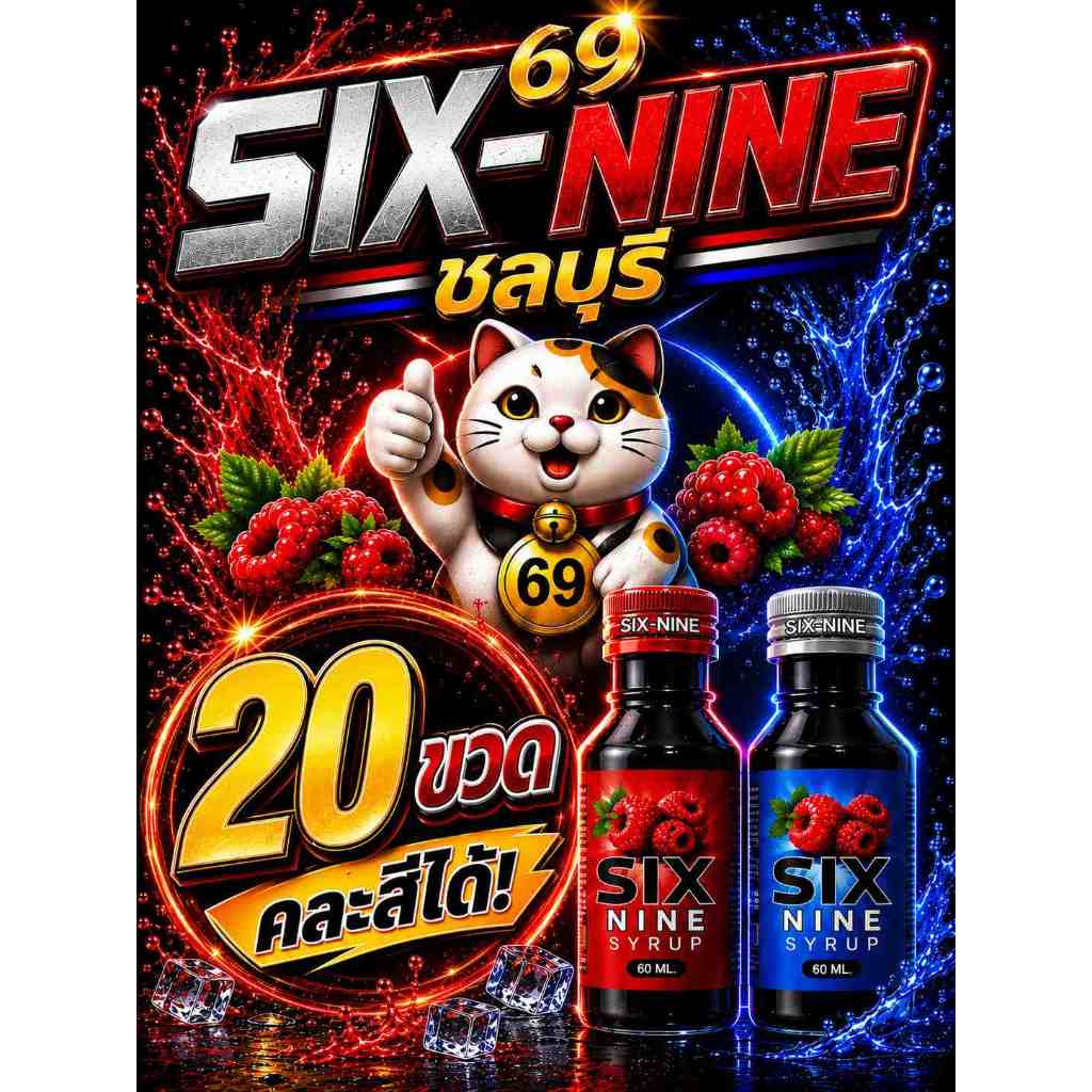 [20ขวด]ไซรัปน้ำหวาน Six-Nine 60ml  ฝาแดง ฝาเทา รสชาติหวานหอมเข้มข้นคละสีได้