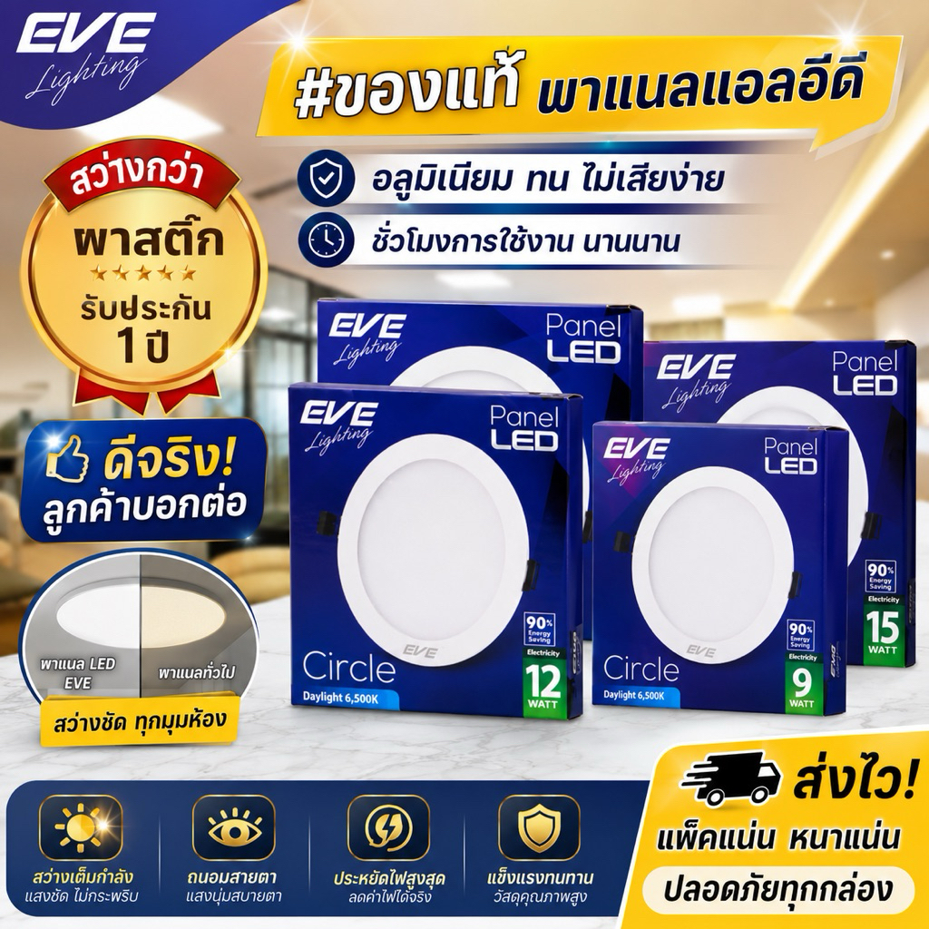 โคมไฟดาวน์ไลท์ ทรงกลม พาเนลไลท์โคมไฟฝังฝ้า โคมติดเพดาน ขนาด 6W 9W 12W 15W 18W 24W แสงขาว แสงเหลือง