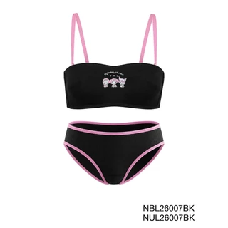 My Melody & Kuromi เซตชุดชั้นใน เสื้อชั้นในเกาะอกไร้โครง รหัส NBL26007BK+NUL26007BK สีดำ