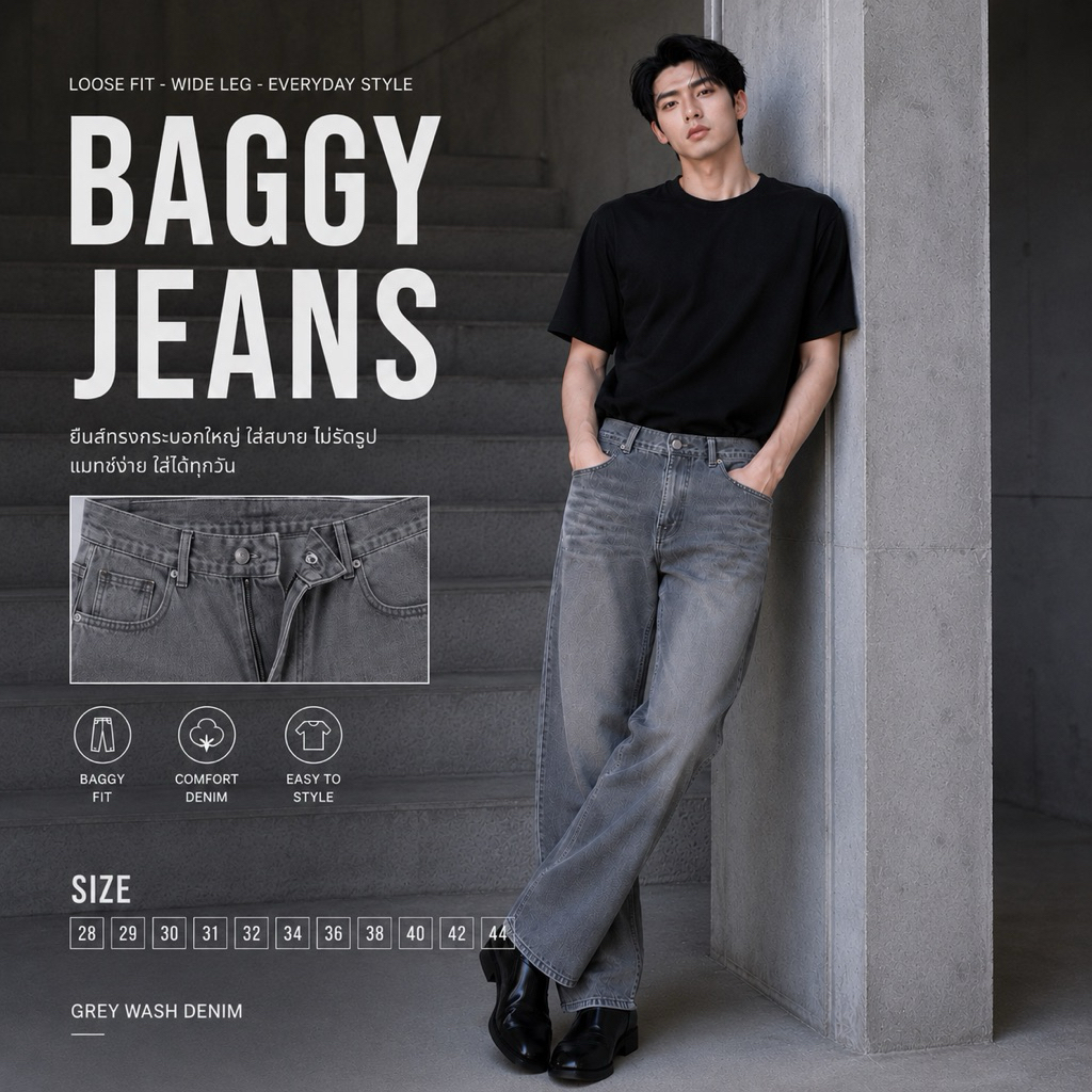 กางเกงยีนส์ ทรง BAGGY กางเกงยีนส์ทรงกระบอกผู้ชาย รุ่นยอดฮิต เอว 28-44 มีหลายเฉดสี