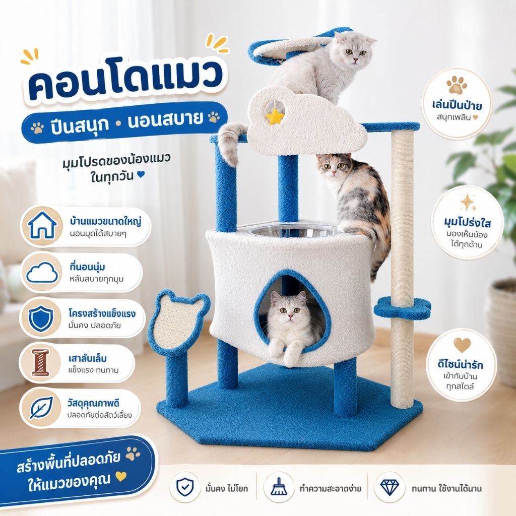 คอนโดแมวดีไซน์มินิมอลสีฟ้า-ขาว บ้านแมวขนาดใหญ่ พร้อมที่นอนด้านบน