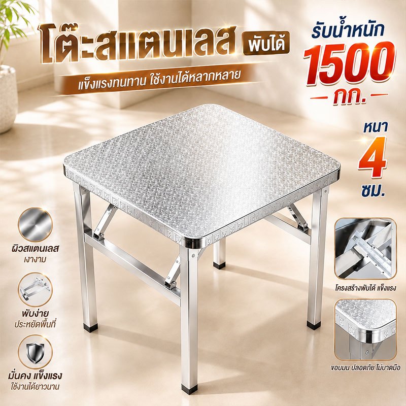 【ไม่ต้องติดตั้ง】โต๊ะสแตนเลส โต๊ะสเตนเลสแท้304สามารถรับน้ำหนักได้ 1500KG โต๊ะพับ พับได้ง่าย โต๊ะวางของ แข็งแรง