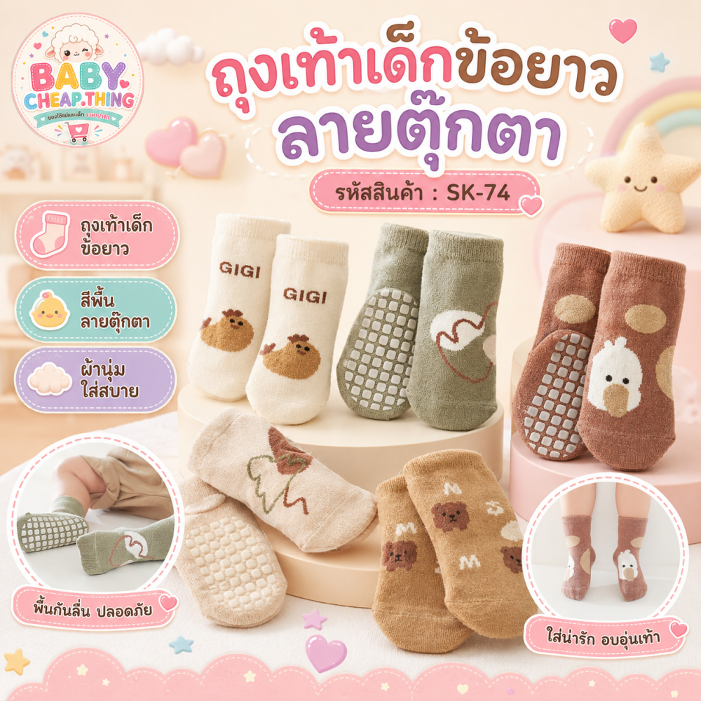 ถุงเท้าเด็ก (SK74) - ถุงเท้าเด็กข้อยาว สีพื้น ลายตุ๊กตา มีกันลื่น