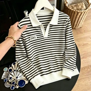 เสื้อโปโลแขนยาวไซส์ใหญ่รุ่นใหม่สำหรับสุภาพสตรีวัยผู้ใหญ่ (ฤดูใบไม้ร่วงปี 2026): ดีไซน์ลายทางสุดเก๋ ช่วยพรางหุ่นให้ดูเพรี