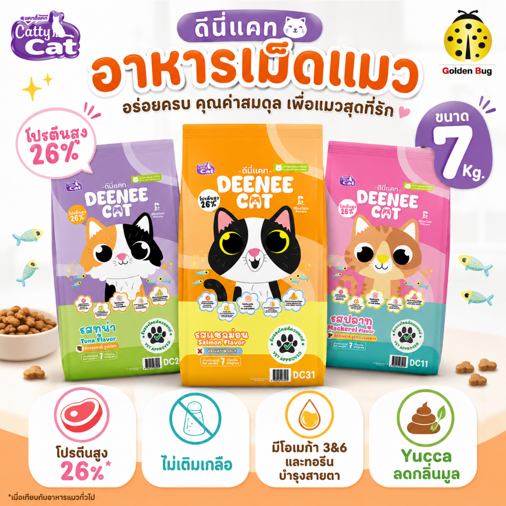 DEENEE CAT ดีนี่แคท อาหารเม็ดแมว ขนาด 7kg ไม่เติมเกลือ โปรตีน 26%
