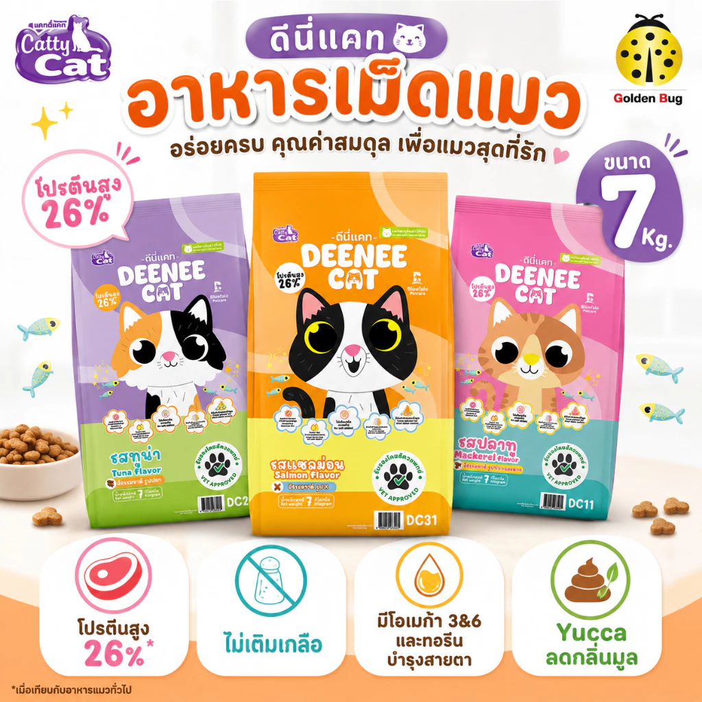 DEENEE CAT ดีนี่แคท อาหารเม็ดแมว ขนาด 7kg ไม่เติมเกลือ โปรตีน 26%