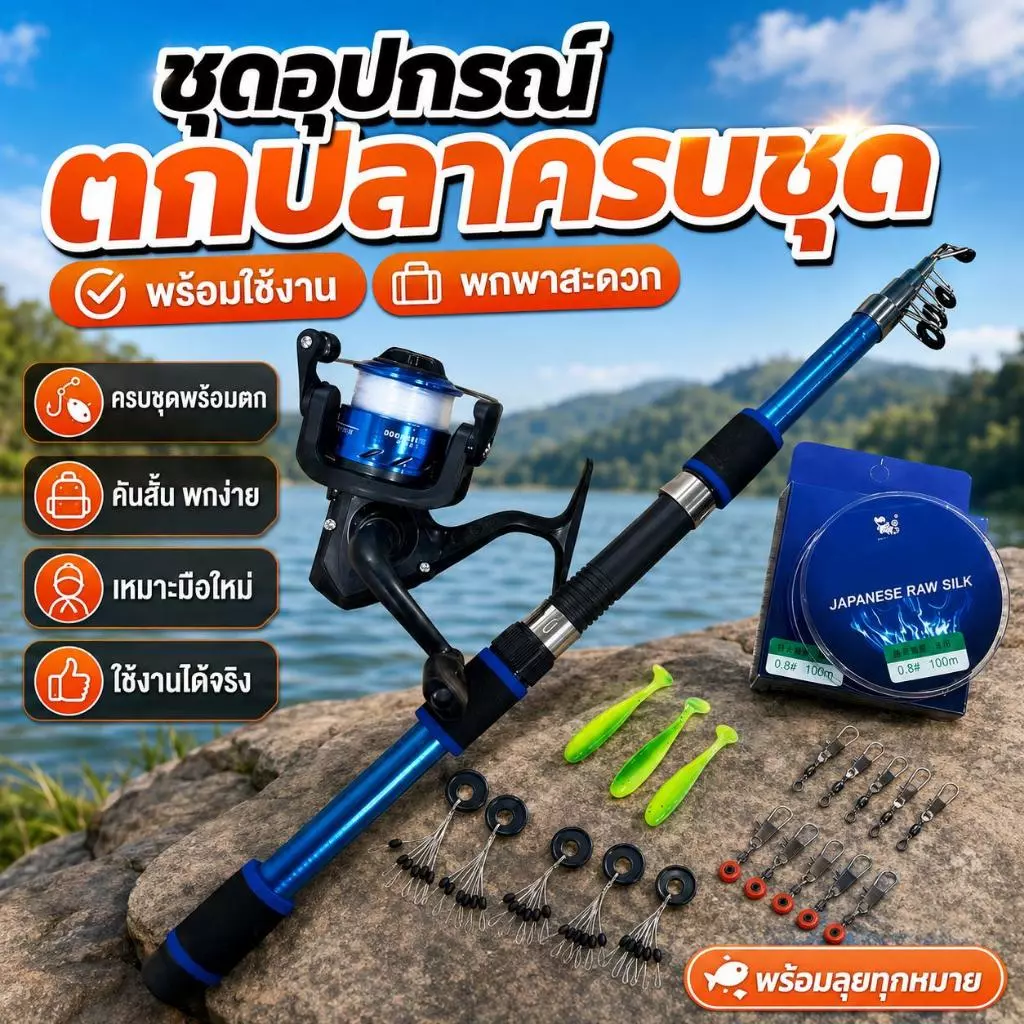 ชุดตกปลาพร้อมใช้ สำหรับมือใหม่ คันเบ็ดยืดหดได้พร้อมรอกสปินนิ่ง สายเอ็นญี่ปุ่น 100 ม. เหยื่อและอุปกรณ์ครบชุด น้ำหนักเบา พ