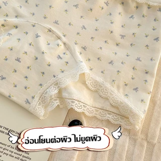 🎀 L-2XL 🎀 กางเกงในผู้หญิงผ้าฝ้าย 🍒 ลายดอกไม้จิ๋ว ขอบลูกไม้ เอวกลาง ทรงกางเกงในสี่เหลี่ยม ทรงน่ารัก สไตล์สาวน้อย