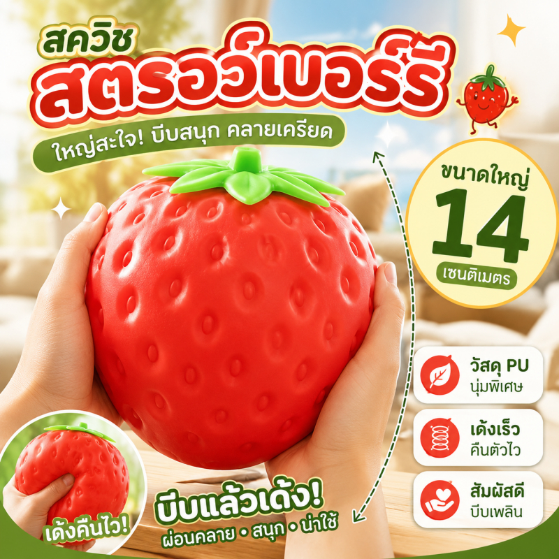 สกุชชี่สตรอว์เบอร์รี่ 14 ซม.ของเล่นบีบคลายเครียด นุ่มเด้ง คืนรูปเร็ว ของเล่นบีบมือ ของขวัญวันเกิด ของเล่นเด็ก