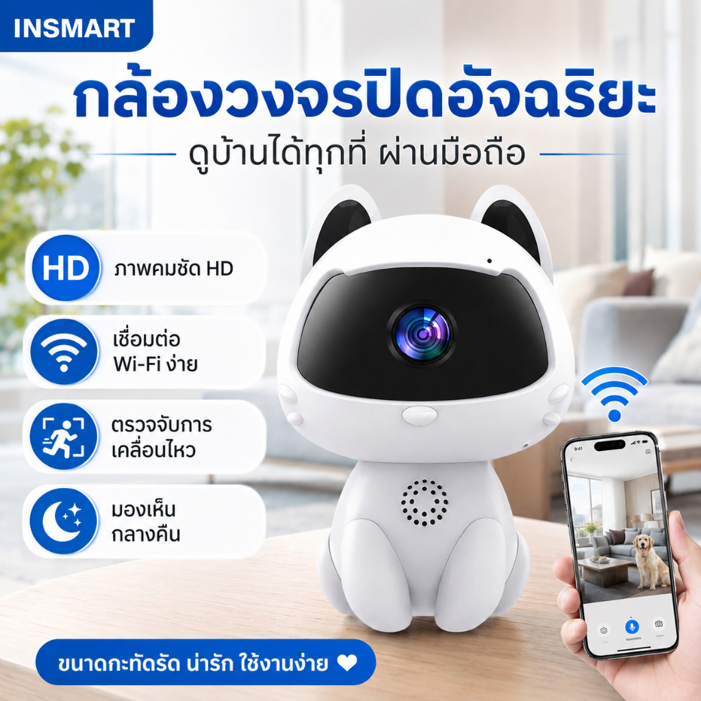 INSMART กล้องวงจรปิด WiFi HD ดูผ่านมือถือ กล้องดูเด็ก/สัตว์เลี้ยง Night Vision เสียงสองทาง