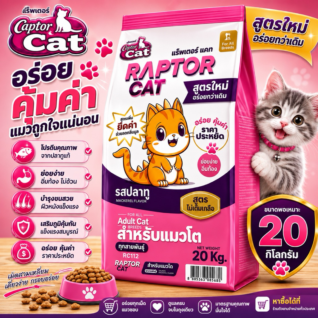 Raptor Cat (20kg)แร็พเตอร์ แมวโต รสปลาทู 1 สีถุงสีชมพู