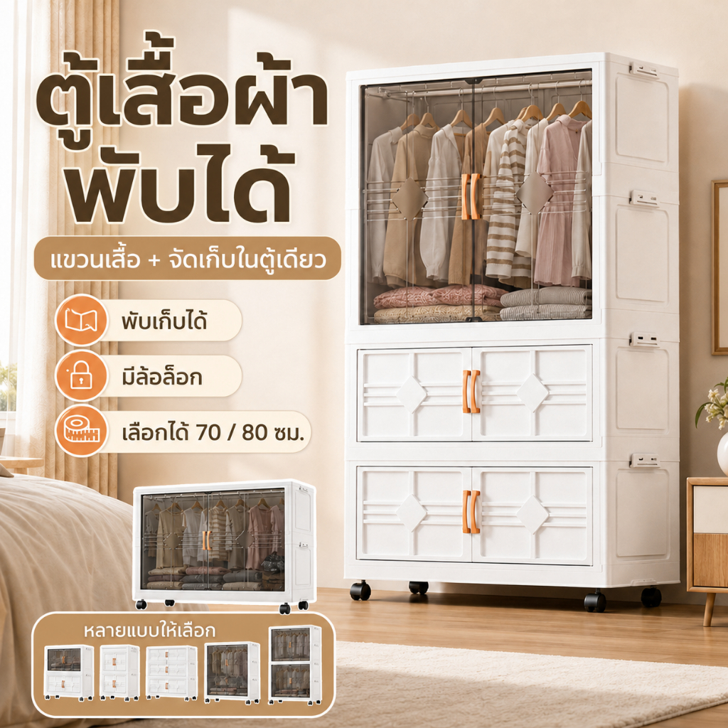 juyboys ตู้เสื้อผ้า/ตู้เก็บของแบบพับได้ ประตูใส มีล้อเลื่อน ฟังก์ชั่นแขวนและจัดเก็บ ความจุขนาดใหญ่ 70/80 ซม.
