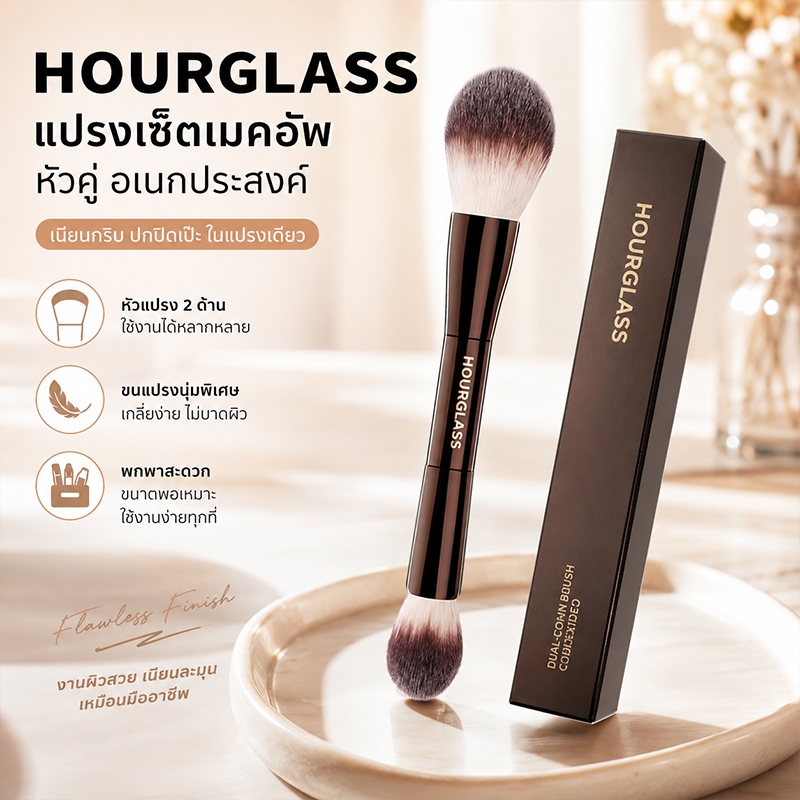 Hourglass Double-Ended Soft Light Loose Powder Brush Blush Brush แปรงแต่งหน้าแบบนุ่มสำหรับเซ็ตเมคอัพ แปรงคอนทัวร์ แปรงแต